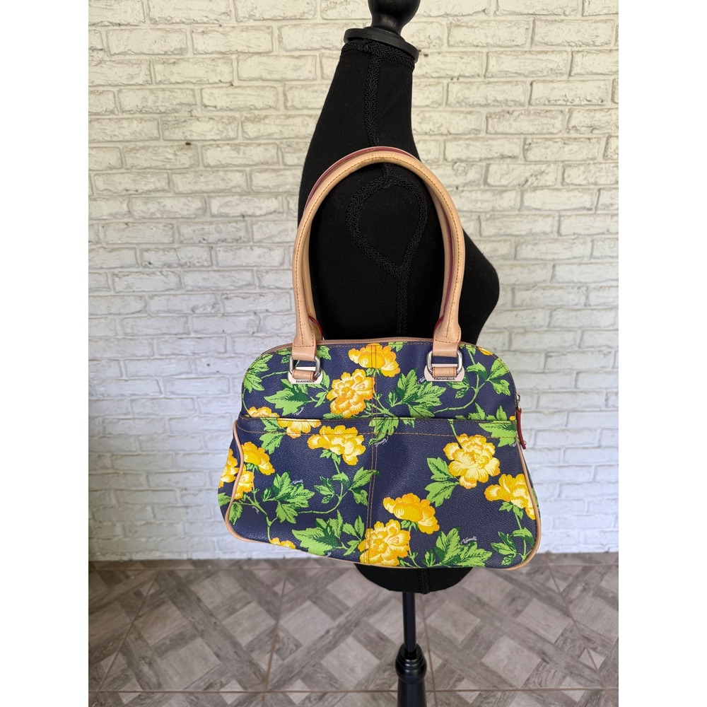 Tignanello Bed of Roses Floral Satchel Handbag Purse Navy Yellow Flower Print